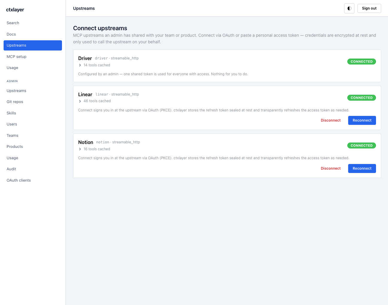 Self-service onboarding — connect upstreams via OAuth or a personal token